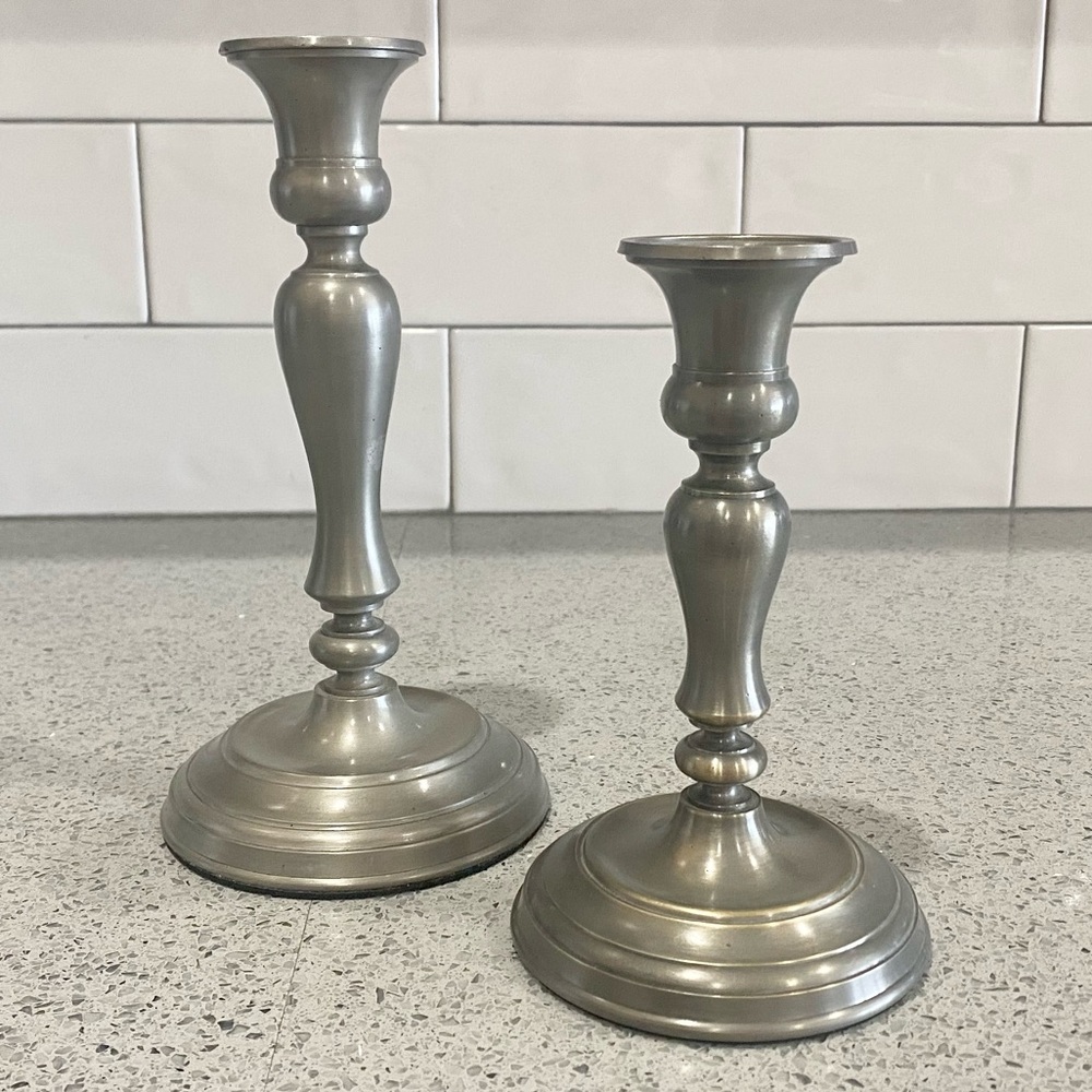Pair of Restoration Hardware Round Pewter Candlestick Candle Holders Rustic
